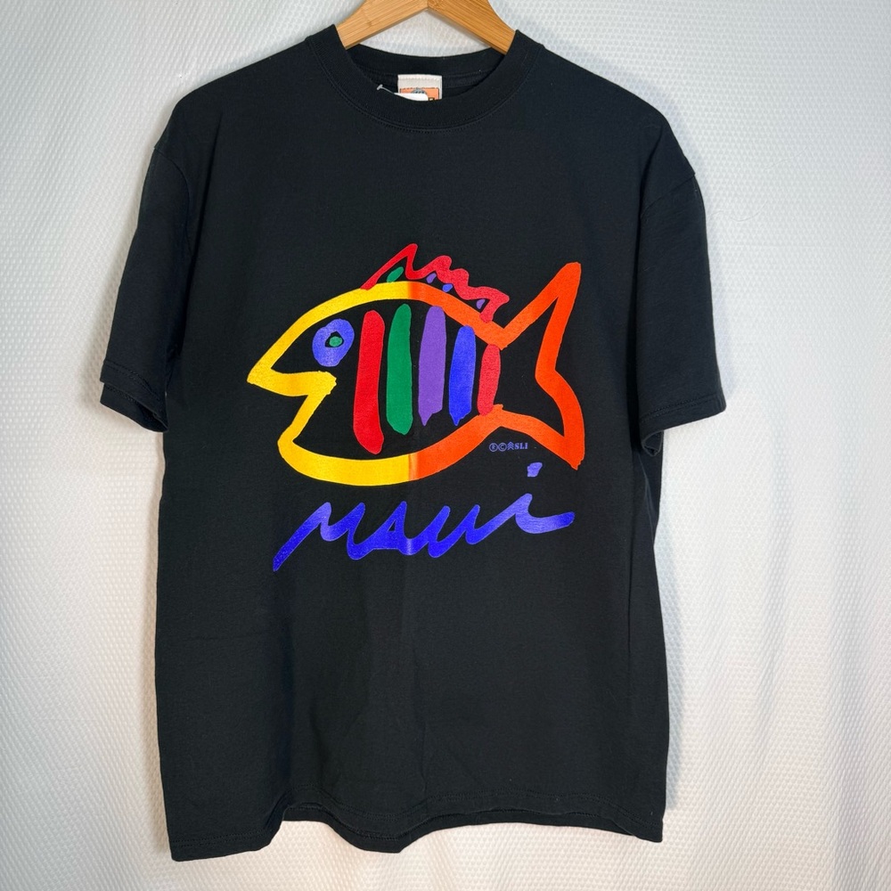 Vintage Maui Fish Graphic Tee - Black with Multi-Color Fish